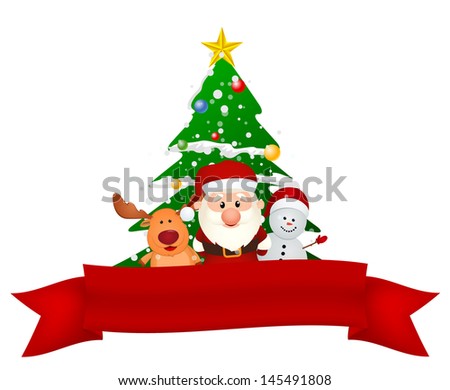 santa claus, reindeer and snowman with christmas tree and red ribbon