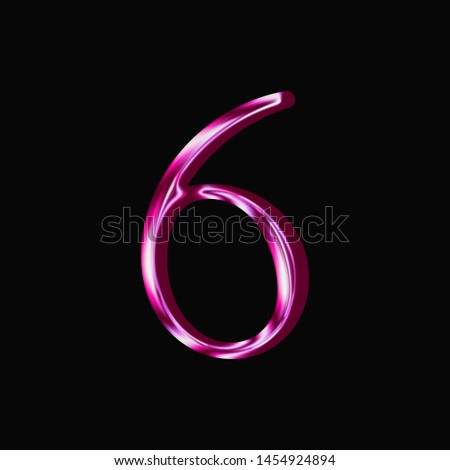 Shiny pink glass number six 6 in a 3D illustration with a smooth reflective metallic surface in an antique bookletter font isolated on a black background with clipping path