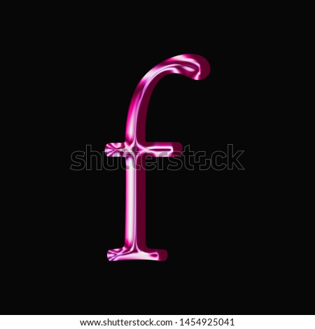 Shiny pink glass letter F (lowercase) in a 3D illustration with a smooth reflective metallic surface in an antique bookletter font isolated on a black background with clipping path