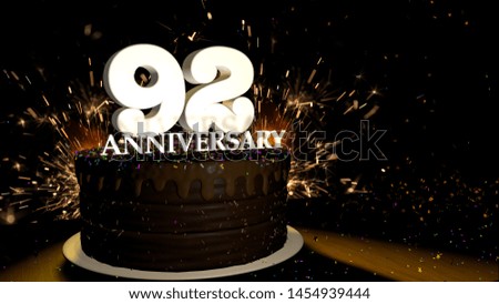 Anniversary 92 greeting card. Chocolate cake decorated with colored dragees with white numbers on a wooden table with fireworks in the black background and stars falling on the table. 3D Illustration
