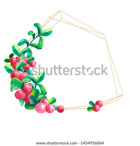 Ripe berry cowberry on white background is isolated. Gold geometric frame. Watercolor illustration