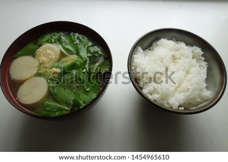 
Miso soup and freshly cooked rice.