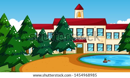 School building with pond scene illustration