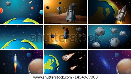 Set of various space scenes illustration