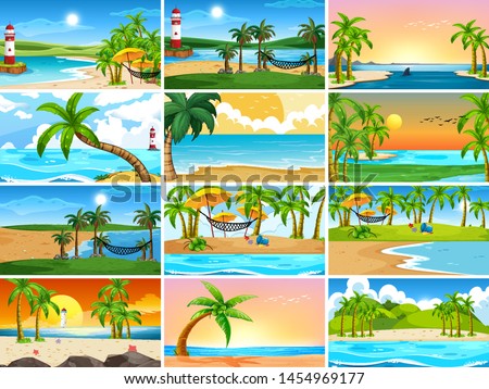 Set of tropical ocean nature scenes with beaches illustration