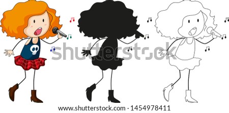 A set of characters in color, silhouette and outline illustration
