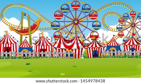 Amusement park scene with rides and circus tents illustration