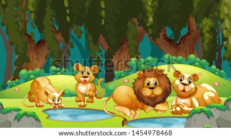 Lions in jungle scene illustration