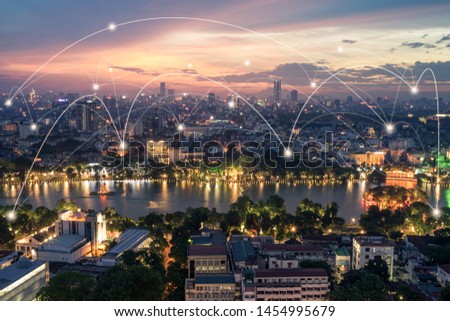 Smart city and wireless communication network concept. Digital network connection lines of Hanoi city at Hoan Kiem lake or Ho Guom