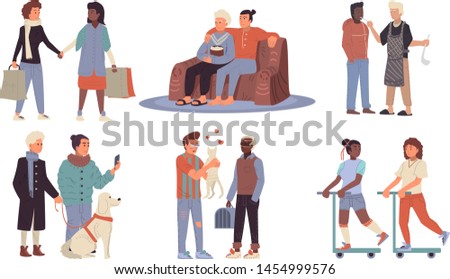 Set of homosexual, lesbian, lgbt couples that spending time together watching TV, walking with dog, shopping and etc. Flat vector illustration.