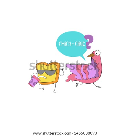 Chick-Ciric. Toast and pigeon. Cartoon drawing. Sketch. Isolated object on white background. 