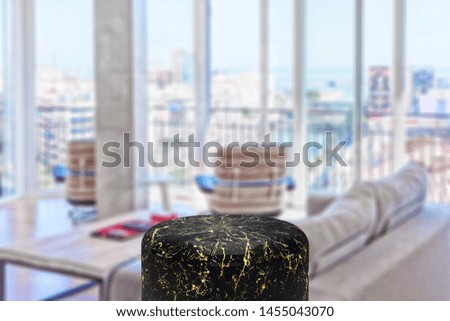 Product Stand, Marble and Gold Texture, Cylinder Shape and blurred background.