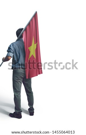 Young man holding Vietnam Flag in White Background, Flag of Vietnam