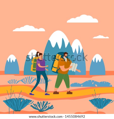 Tourists cute couple in love performing outdoor touristic activity - adventure travel, hiking walking trip tourism sport and recreation backpacking or camping wild nature trekking. Mountain landscape
