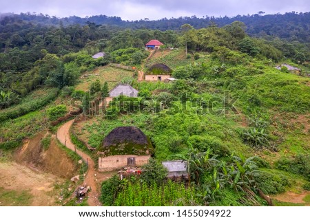 Aerial view of Trinh Tuong house or house made of land of ethnic minorities in Y Ty, Lao Cai, Vietnam. This is the traditional house of Ha Nhi people.