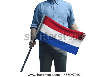 Young man holding Netherlands Flag in White Background, Flag of Netherlands