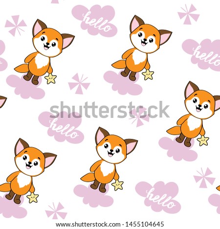 Cute fox in kawaii style with pink clouds on a white background seamless pattern