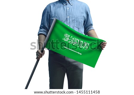 Young man holding Saudi Arabia Flag in White Background, Flag of Saudi Arabia