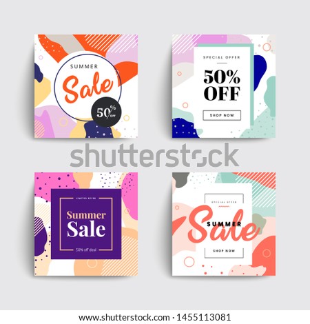 Set of sale social media box templates. Memphis covers design for your Facebook, Instagram or Twitter. Trendy colorful bubble shapes composition. Vector backgrounds.