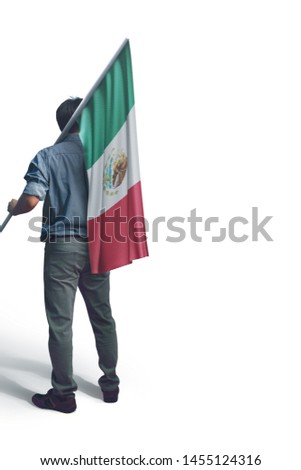 Young man holding Mexico Flag in White Background, Flag of Mexico