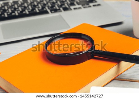 Stylish workspace with desktop computer, office supplies at office. Work desk  concept