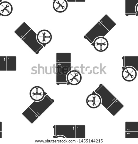 Grey Refrigerator with screwdriver and wrench icon isolated seamless pattern on white background. Adjusting, service, setting, maintenance, repair, fixing.  Vector Illustration