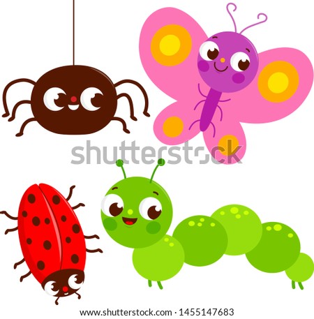 Set of cute colorful bugs. A spider, a butterfly, a beetle and a caterpillar. Vector illustration