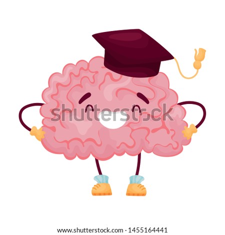 Cartoon brain in the cap of the scientist. Vector illustration on white background.