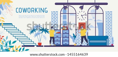 Coworking Office, Open Space Business Center with Rental Workplaces Flat Vector Advertising Banner, Poster Template with Entrepreneur, Freelancer Working with Documents, Calling Clients Illustration