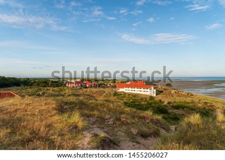 Red roofs of a group of houses in the dunes of Terschelling, the Netherlands, Europe. The sea has fallen dry due to the ebb tide.