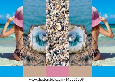 Collage made with beautiful tropical resort shots. Multicolored Copy space and mockup. Five pictures and five cells for text. A girl in a bikinis and pink hat, photo from the back, shells. 