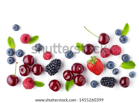 fresh berries pattern isolated on white background, top view Royalty-Free Stock Photo #1455260399