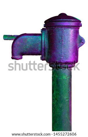 old soviet public iron pump isolated on white background in wicked acid colors