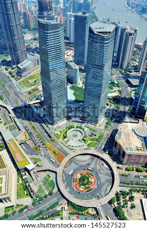 Shanghai city aerial view with urban architecture.