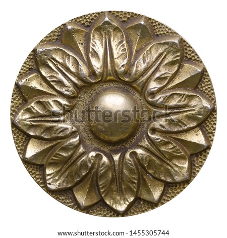 Golden decorative element with floral pattern isolated on white background