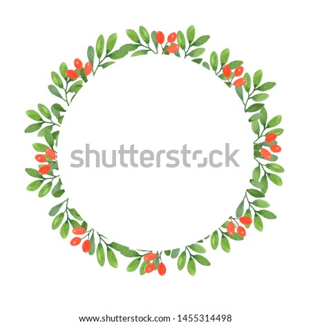 Hand drawn watercolor illustration. Round frame beautiful wreath with green leaves, branches, red berries. Design for wedding invitations, greeting cards, save the date invitation, prints, postcards.
