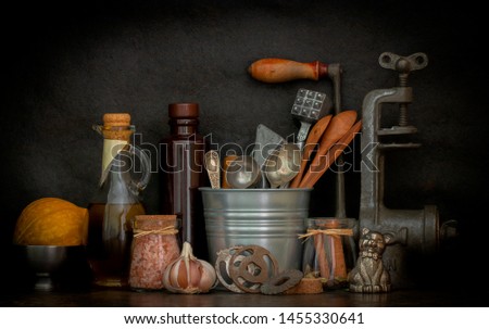 Kitchen appliances in vintage style with spices and seasonings Royalty-Free Stock Photo #1455330641