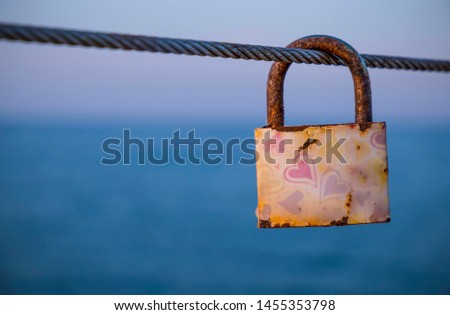 Padlocks interlocked on a pier cable