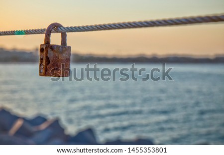 Padlocks interlocked on a pier cable