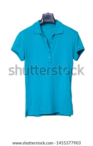 Blue female knitted polo shirt with buttons weighs on a hanger on a white background
