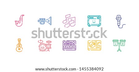 A simple set of music kawaii vector line icons. Contains such Icons as a cute amplifier, bongos, drum, electric keyboard, guitar, microphone, musical notes, saxophone, trumpet, and turntable.