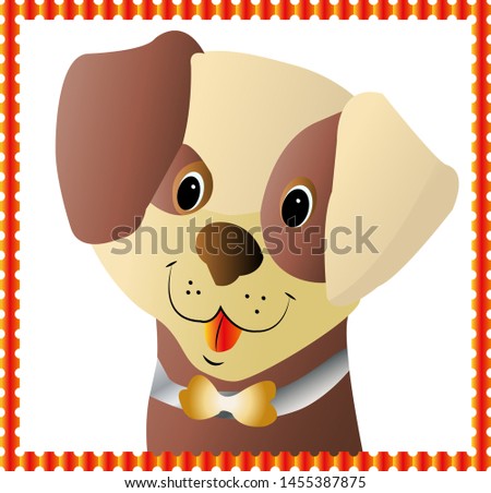 Brown puppy's head, in orange frame, cartoon design on white background, vector