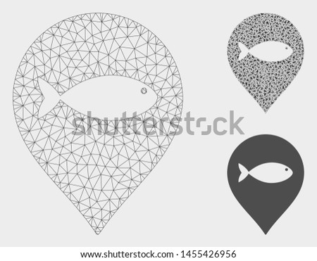 Mesh fish marker model with triangle mosaic icon. Wire frame triangular network of fish marker. Vector mosaic of triangle parts in different sizes, and color tones. Abstract 2d mesh fish marker,