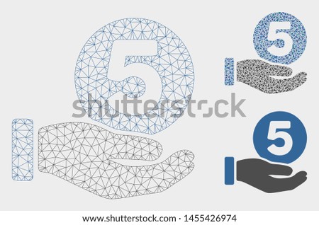 Mesh five cents payment hand model with triangle mosaic icon. Wire carcass triangular network of five cents payment hand. Vector mosaic of triangle elements in various sizes, and color tints.