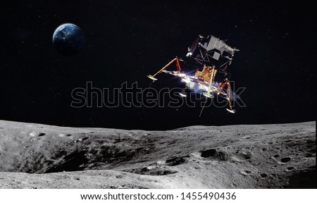 Moon surface with space craft. Planet Earth on the background. Apollo space program. Elements of this image furnished by NASA. Royalty-Free Stock Photo #1455490436