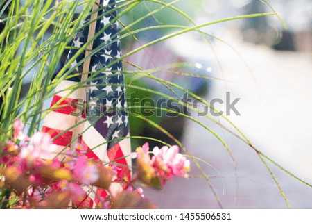 Small American Flag In A Planter With Flowers On A Sidewalk
