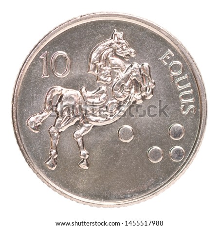 Coin 10 tholar Slovenia with a picture of saddled horse isolated on white background