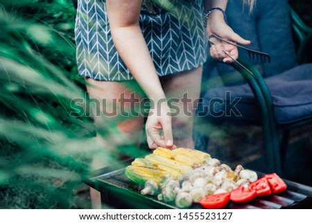 Grilled meat and vegetables on a grilled plate, outdoor. stock photo