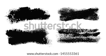 Brush strokes. Vector paintbrush set. Grunge design elements. Rectangle text box. Dirty distress texture banners. Ink splatters. Grungy painted objects