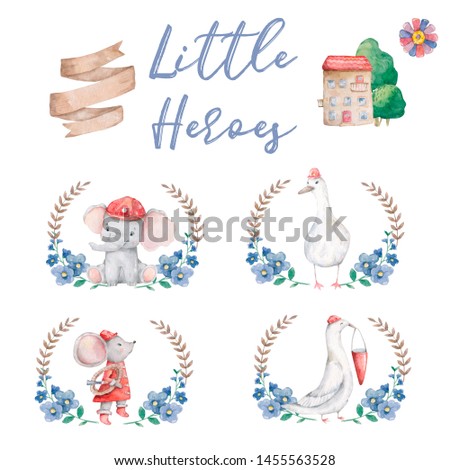 cute little elephant, goose and duck watercolor illustration set in floral frames animal. Baby colorful nursery clip art on white background. Fireman set, little heroes for kid toys and games